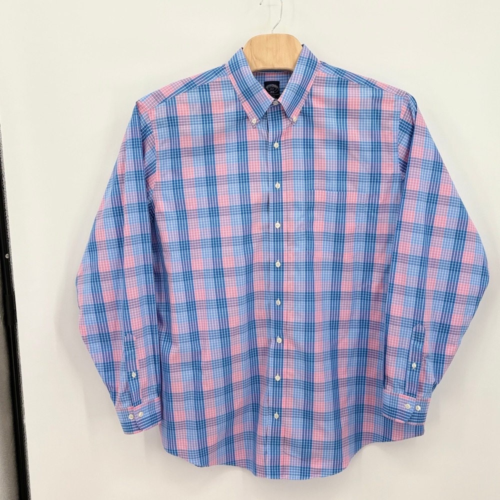 Brooks Brothers 1818 Mens 2XLT Blue Pink Plaid Non-Iron Cotton Button Down Shirt